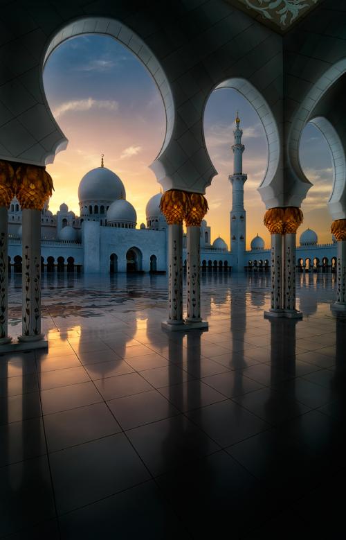 Sunset image outside of mosque Abu Dhabi
